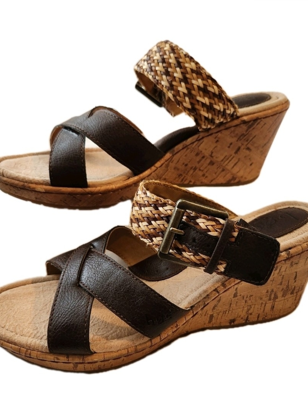 b.o.c. a Born Concept Size 9 Brown Leather Braided Cork Wedges Heel Shoes Sandal - Picture 6 of 13